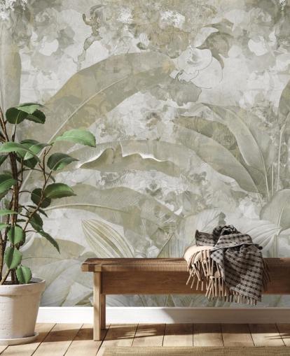 mural de selva verde personalizável chamado Sage Green Tropical Leaves de Edina Jeremscuk