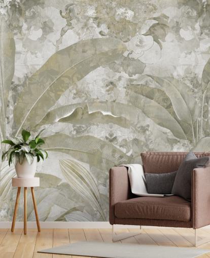 customisable green jungle mural called Sage Green Tropical Leaves by Edina Jeremscuk