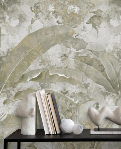 mural de jungla verde personalizable llamado Sage Green Tropical Leaves de Edina Jeremscuk