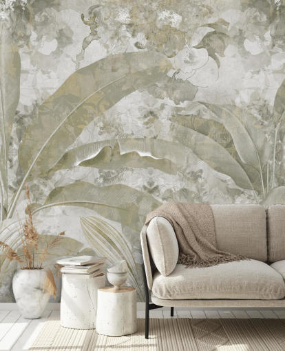 aanpasbare groene junglemuurschildering genaamd Sage Green Tropical Leaves van Edina Jeremscuk aanpasbare groene junglemuurschildering genaamd Sage Green Tropical Leaves van Edina Jeremscuk