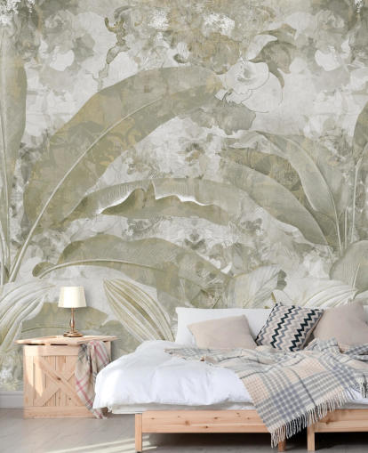 personalisierbares grünes Dschungel-Wandbild namens Sage Green Tropical Leaves von Edina Jeremscuk