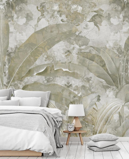 aanpasbare groene junglemuurschildering genaamd Sage Green Tropical Leaves van Edina Jeremscuk