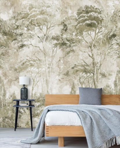 mural florestal personalizável em sépia chamado Sepia Pine Forest Landscape de Edina Jeremscuk