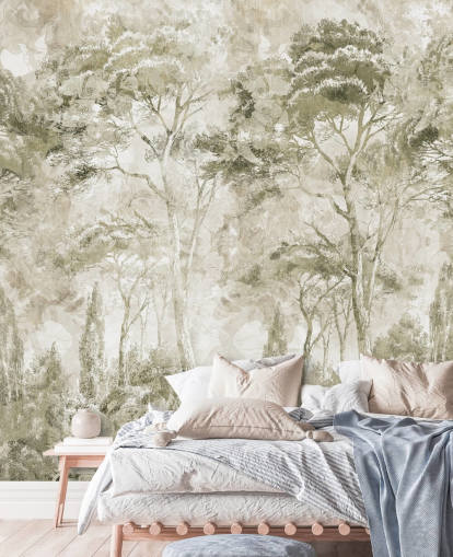 sepia customizable forest mural called Sepia Pine Forest Landscape by Edina Jeremscuk