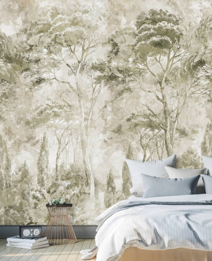 mural de bosque personalizable en sepia llamado Sepia Pine Forest Landscape de Edina Jeremscuk