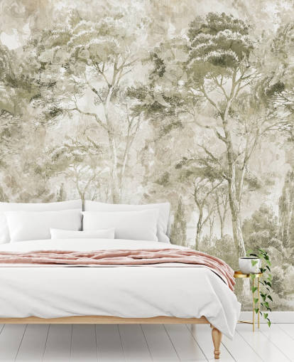 sepia customisable forest mural called Sepia Pine Forest Landscape by Edina Jeremscuk