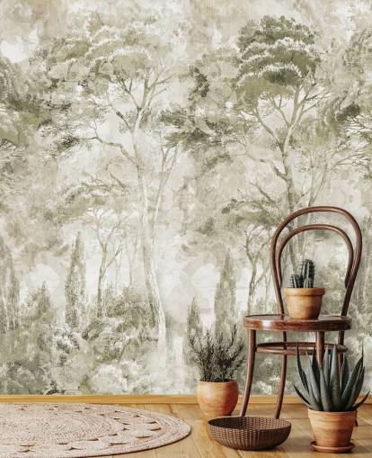 sepia aanpasbare bosmuurschildering genaamd Sepia Pine Forest Landscape door Edina Jeremscuk