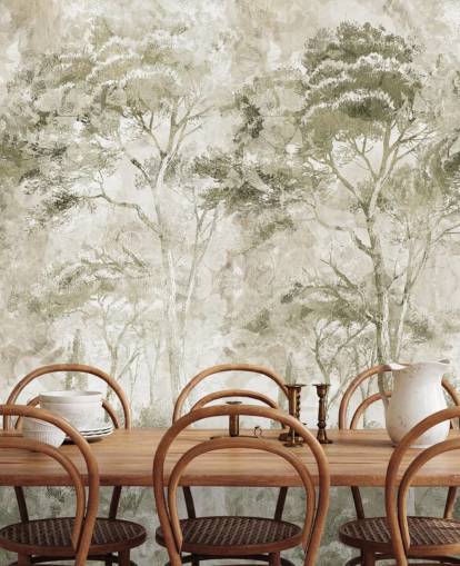 sepia aanpasbare bosmuurschildering genaamd Sepia Pine Forest Landscape door Edina Jeremscuk