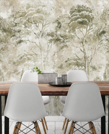 mural de bosque personalizable en sepia llamado Sepia Pine Forest Landscape de Edina Jeremscuk