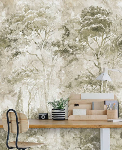 mural florestal personalizável em sépia chamado Sepia Pine Forest Landscape de Edina Jeremscuk