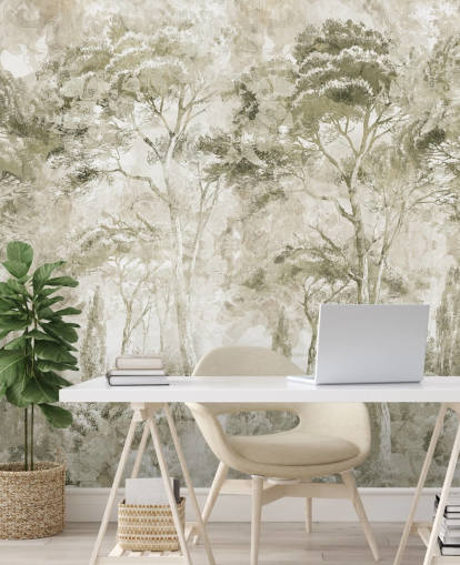 sepia customisable forest mural called Sepia Pine Forest Landscape by Edina Jeremscuk