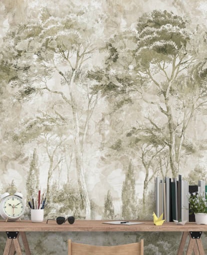 peinture murale de forêt personnalisable en sépia appelée Paysage forestier de pins sépia par Edina Jeremscuk