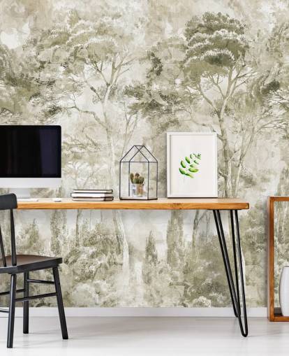 sepia customisable forest mural called Sepia Pine Forest Landscape by Edina Jeremscuk