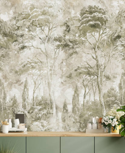 anpassbares Sepia-Wandbild mit dem Titel Sepia Pine Forest Landscape von Edina Jeremscuk