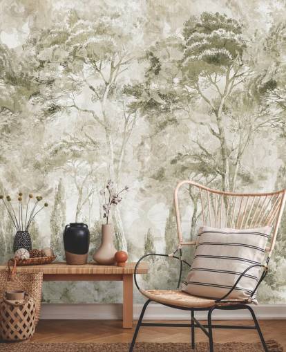 murale forestale personalizzabile color seppia chiamato Sepia Pine Forest Landscape di Edina Jeremscuk