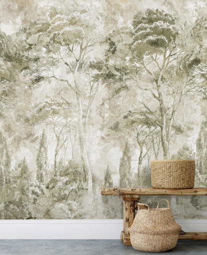 sepia customizable forest mural called Sepia Pine Forest Landscape by Edina Jeremscuk