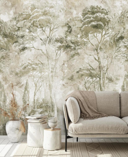 murale forestale personalizzabile color seppia chiamato Sepia Pine Forest Landscape di Edina Jeremscuk