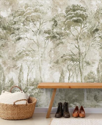mural de bosque personalizable en sepia llamado Sepia Pine Forest Landscape de Edina Jeremscuk