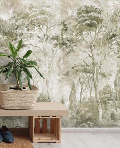 sepia customisable forest mural called Sepia Pine Forest Landscape by Edina Jeremscuk