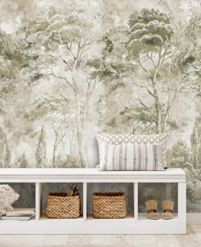 mural florestal personalizável em sépia chamado Sepia Pine Forest Landscape de Edina Jeremscuk