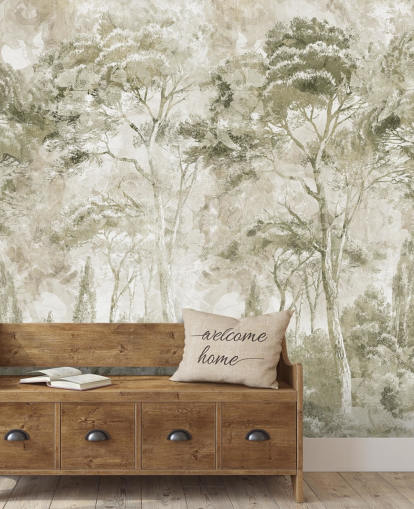 sepia aanpasbare bosmuurschildering genaamd Sepia Pine Forest Landscape door Edina Jeremscuk sepia aanpasbare bosmuurschildering genaamd Sepia Pine Forest Landscape door Edina Jeremscuk