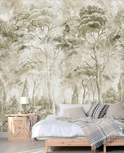 sepia customisable forest mural called Sepia Pine Forest Landscape by Edina Jeremscuk