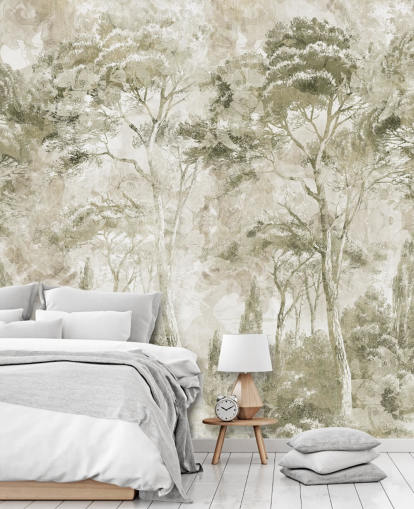 murale forestale personalizzabile color seppia chiamato Sepia Pine Forest Landscape di Edina Jeremscuk