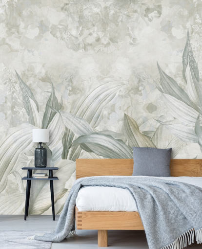 aangepaste palmbladmuurschildering genaamd Soft Neutral Botanical van Edina Jeremscuk voor gangen en eetkamers aangepaste palmbladmuurschildering genaamd Soft Neutral Botanical van Edina Jeremscuk voor gangen en eetkamers