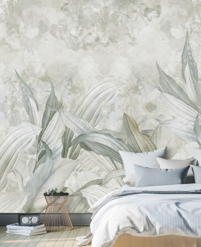 mural personalizado de hojas de palma llamado Soft Neutral Botanical de Edina Jeremscuk para pasillos y comedores