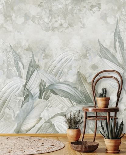 aangepaste palmbladmuurschildering genaamd Soft Neutral Botanical van Edina Jeremscuk voor gangen en eetkamers