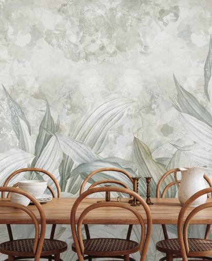 peinture murale personnalisée en feuille de palmier appelée Soft Neutral Botanical par Edina Jeremscuk pour les couloirs et les salles à manger