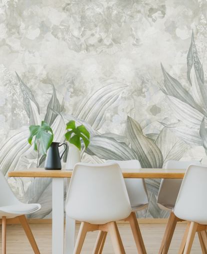 custom palm leaf mural called Soft Neutral Botanical by Edina Jeremscuk for hallways and dining rooms