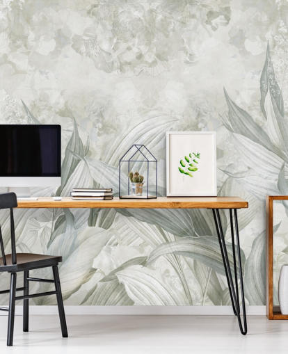 mural personalizado em folha de palmeira chamado Soft Neutral Botanical de Edina Jeremscuk para corredores e salas de jantar