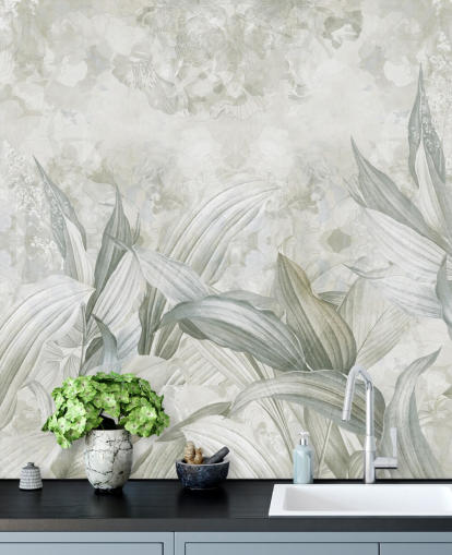 mural personalizado de hojas de palma llamado Soft Neutral Botanical de Edina Jeremscuk para pasillos y comedores