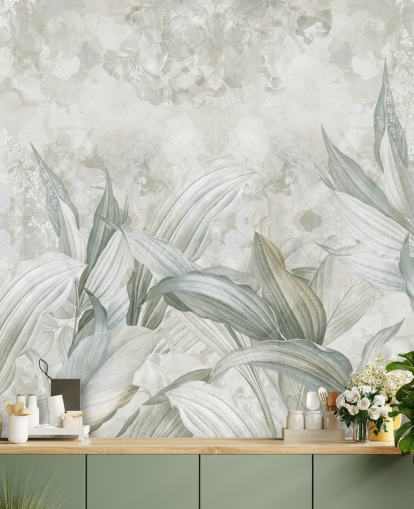 aangepaste palmbladmuurschildering genaamd Soft Neutral Botanical van Edina Jeremscuk voor gangen en eetkamers