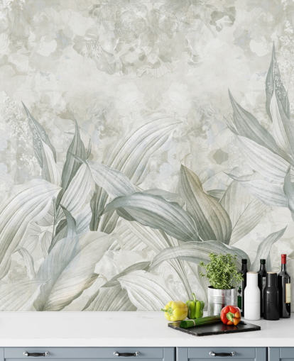 aangepaste palmbladmuurschildering genaamd Soft Neutral Botanical van Edina Jeremscuk voor gangen en eetkamers