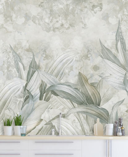 custom palm leaf mural called Soft Neutral Botanical by Edina Jeremscuk for hallways and dining rooms