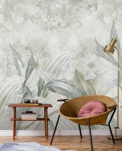 mural personalizado de hojas de palma llamado Soft Neutral Botanical de Edina Jeremscuk para pasillos y comedores