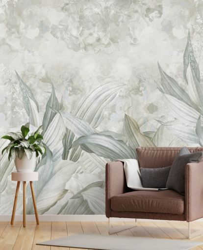aangepaste palmbladmuurschildering genaamd Soft Neutral Botanical van Edina Jeremscuk voor gangen en eetkamers