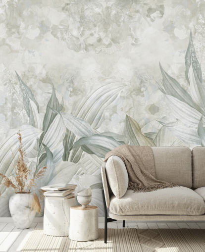 Edina Jeremscukin mukautettu palmunlehtiseinämaalaus nimeltä Soft Neutral Botanical käytäville ja ruokasaleille Edina Jeremscukin mukautettu palmunlehtiseinämaalaus nimeltä Soft Neutral Botanical käytäville ja ruokasaleille