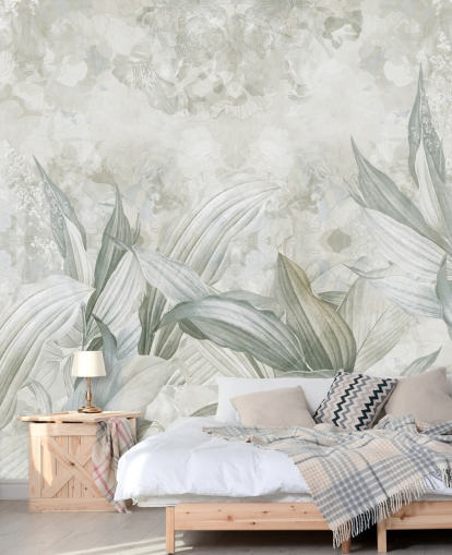 mural personalizado em folha de palmeira chamado Soft Neutral Botanical de Edina Jeremscuk para corredores e salas de jantar