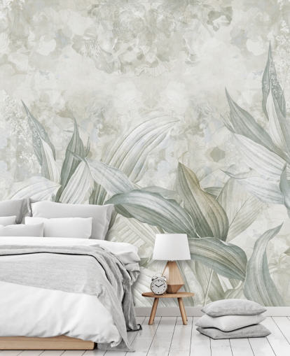 aangepaste palmbladmuurschildering genaamd Soft Neutral Botanical van Edina Jeremscuk voor gangen en eetkamers