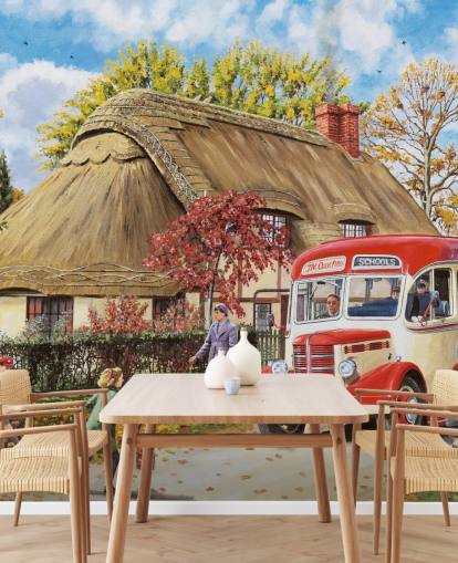 thatched cottage with school bus and children in autumn term wallpaper