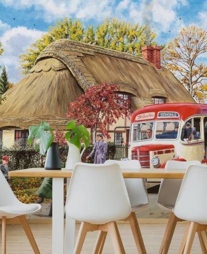 casa de campo con techo de paja con autobús escolar y niños en otoño fondo de pantalla