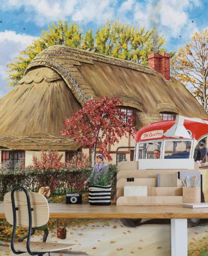 cottage dal tetto di paglia con scuolabus e bambini in autunno termine carta da parati cottage dal tetto di paglia con scuolabus e bambini in autunno termine carta da parati