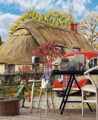 thatched cottage with school bus and children in autumn term wallpaper