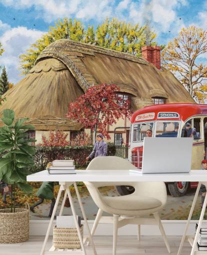 cottage dal tetto di paglia con scuolabus e bambini in autunno termine carta da parati