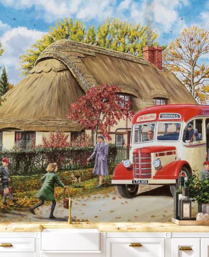 thatched cottage with school bus and children in autumn term wallpaper
