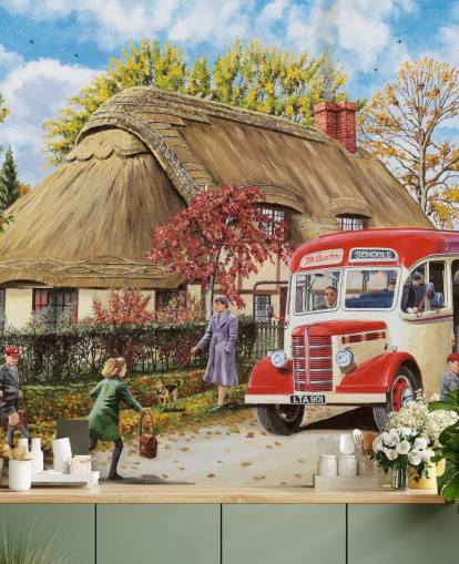 thatched cottage with school bus and children in autumn term wallpaper thatched cottage with school bus and children in autumn term wallpaper