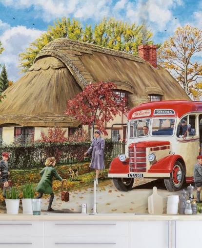 thatched cottage with school bus and children in autumn term wallpaper thatched cottage with school bus and children in autumn term wallpaper